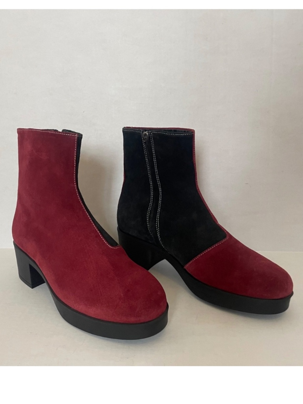 Share Lazo Siren Red + Black Suede Ankle Boots, Italy, Color Block Heel Women's